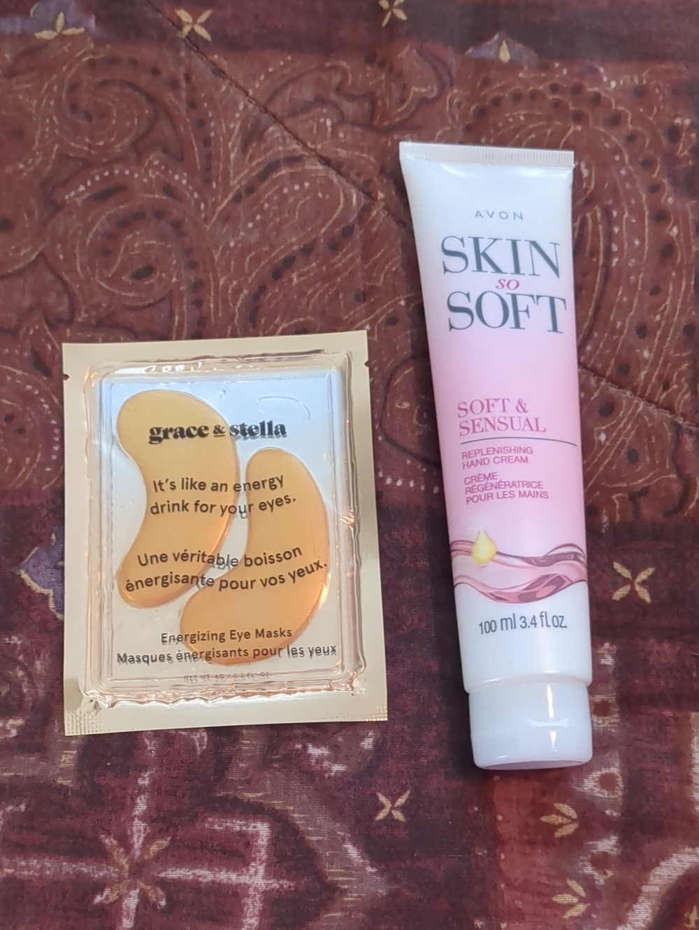 Avon Skin So Soft Hand Cream in White and Pink with Gold Eye Masks